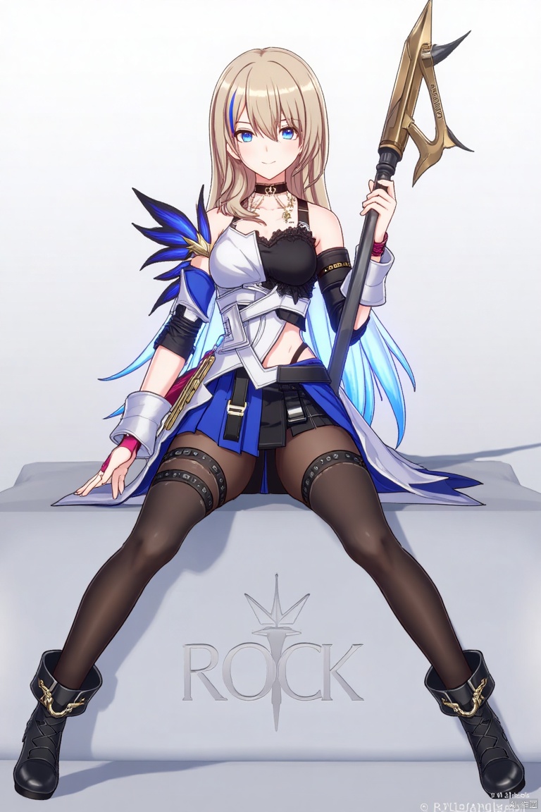 1girl, solo, long hair, breasts, looking at viewer, smile, bangs, blue eyes, skirt, blonde hair, thighhighs, bare shoulders, jewelry, sitting, holding weapon, pantyhose, boots, black footwear, instrument, ROCK text below, Made in Aglong subtitle at bottom.