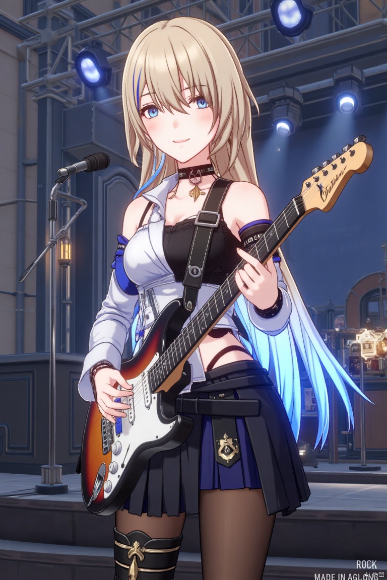 1girl, solo, long hair, breasts, looking at viewer, blush, smile, open mouth, bangs, blue eyes, skirt, blonde hair, shirt, long sleeves, holding electric guitar, bare shoulders, jewelry, blue hair streaks, white shirt with detached sleeves, black skirt, black pantyhose, black choker with feathers, cowboy shot, earrings, parted lips, pantyhose, multicolored hair, holding microphone, stage lights, playing instrument, microphone stand, music, guitar, ROCK text below, Made in Aglong subtitle at bottom.
