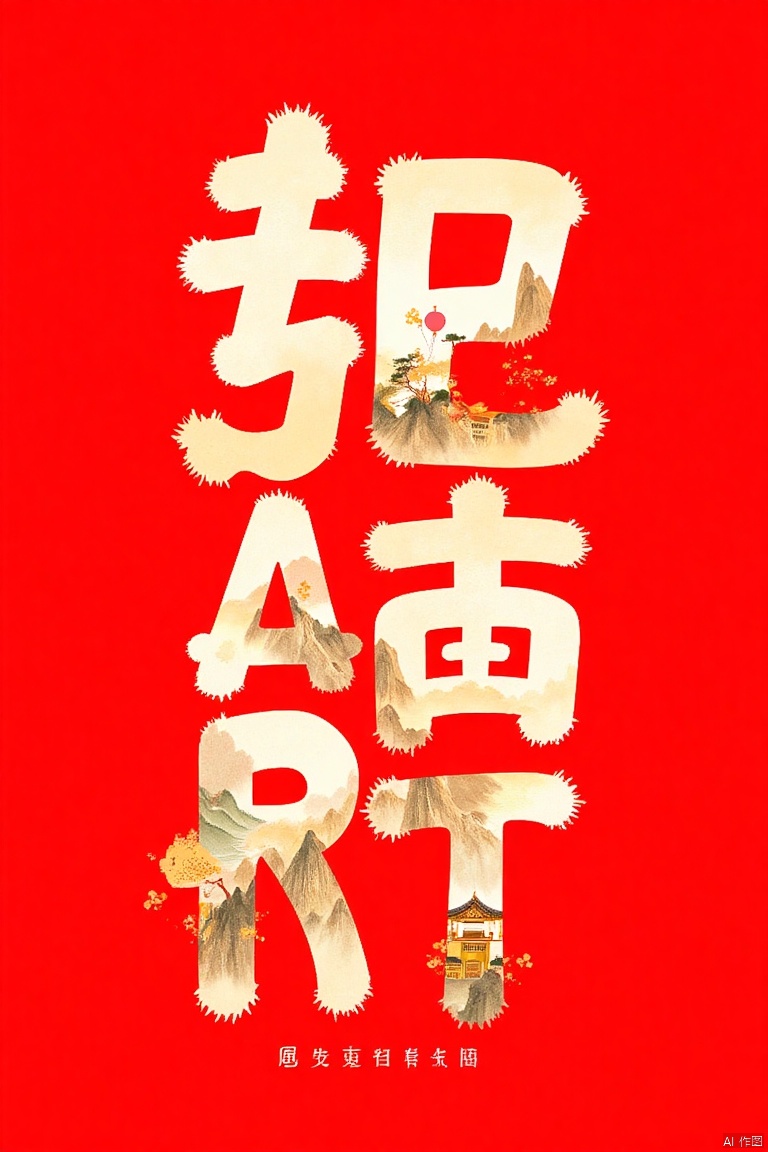 The letters "TUSIART" that dominate the image,  red background,  beautiful landscape clip art on Tensor.Art