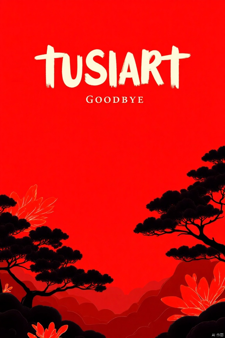 Text "TUSIART",  red background,  beautiful landscape clip art on Tensor.Art