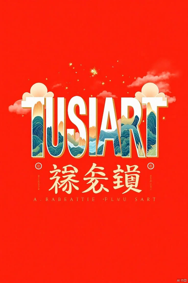The letters "TUSIART" that dominate the image,  red background,  beautiful landscape clip art on Tensor.Art