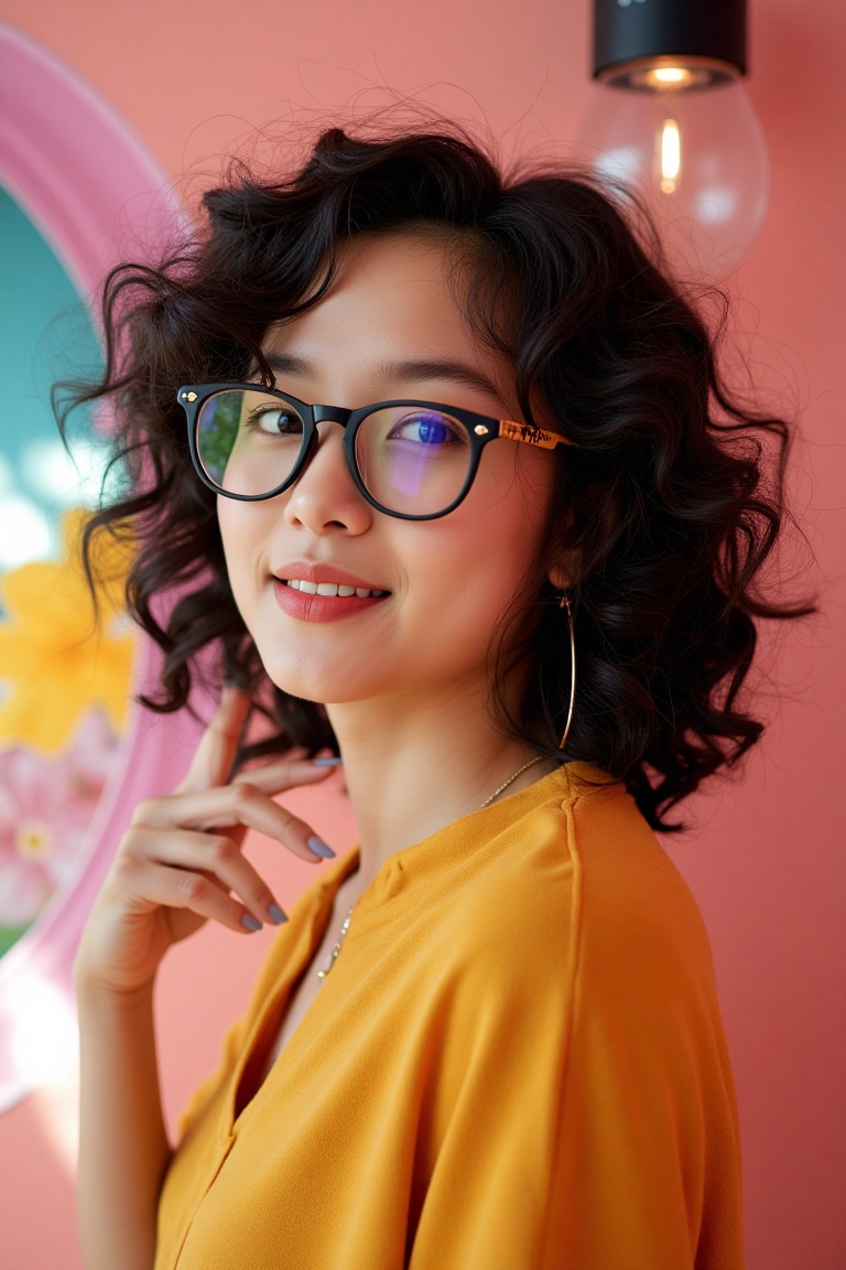 A vibrant and surreal Pixomeda-style portrait of a young Latina woman,  21 years old,  with a petite body. She has curly b...