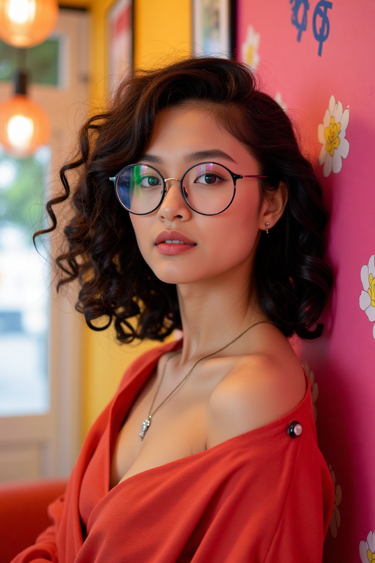 A vibrant and surreal Pixomeda-style portrait of a young Latina woman,  21 years old,  with a petite body. She has curly b...