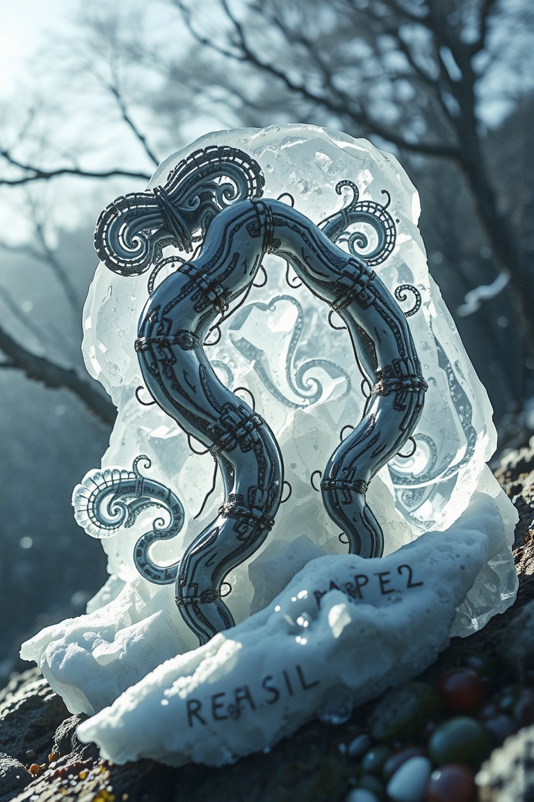A breathtaking still life of a fossil ice sculpture,  meticulously carved to depict intricate details of ancient life form...
