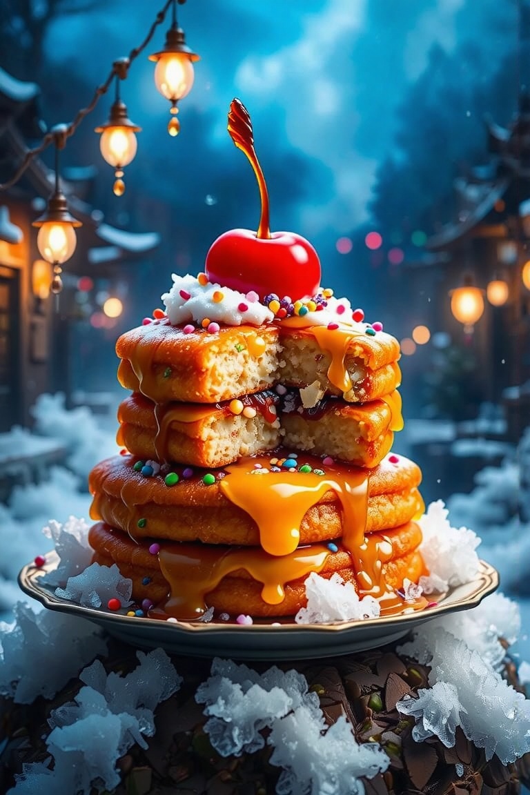 two stacks of dorayaki with honey topping and colorful sprinkles,  on top are a red (#D20A34) cherry,  on a plate of ice o...