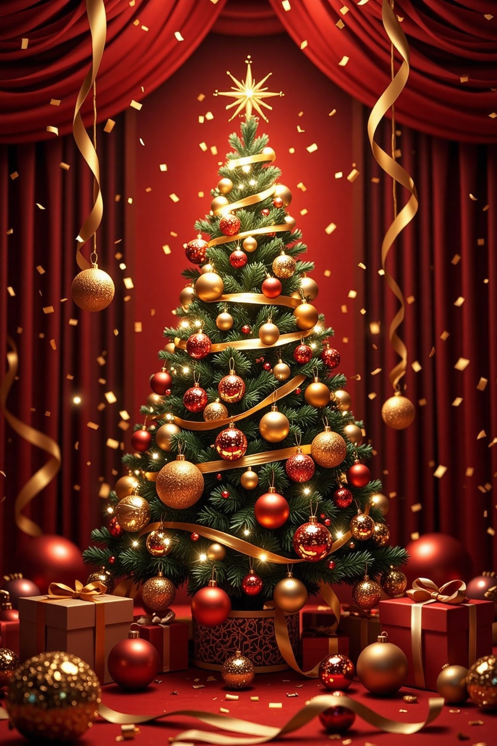 Layered papier-mâché style New Year's Eve background: luxurious red and gold theme,  shimmering Christmas tree,  sparkling...
