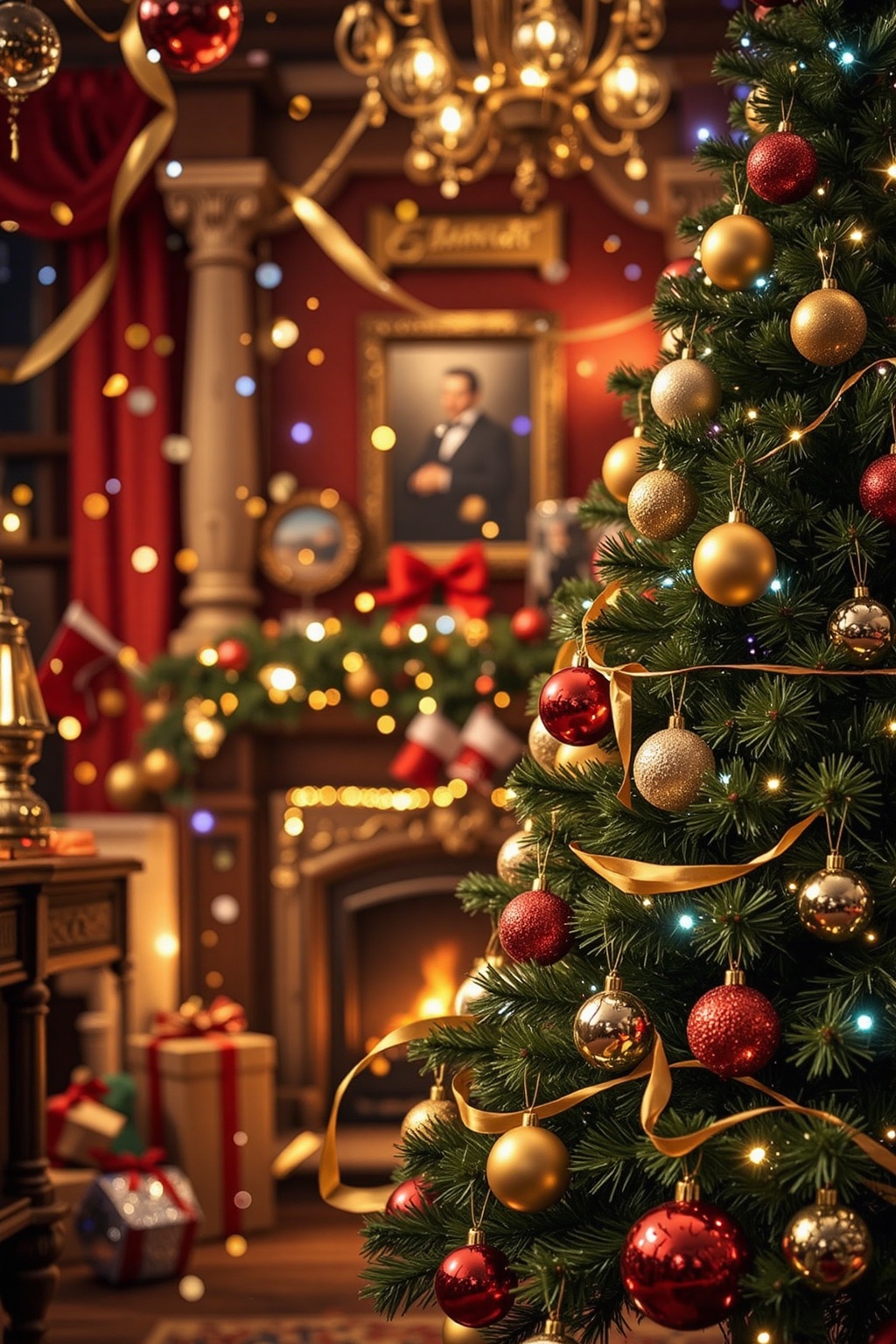 New Year's Eve background: luxurious red and gold theme,  shimmering Christmas tree,  sparkling ornaments on Tensor.Art