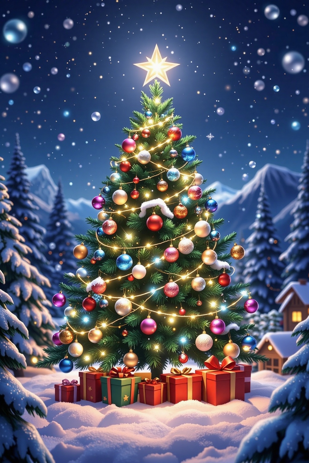 A tight close-up shot of an enchanting anime-style Christmas scene: a decorated Christmas tree in a snow-covered landscape...