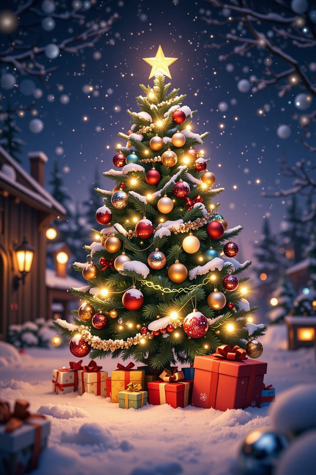 A warm,  tight close-up shot of an anime-style Christmas scene: a decorated tree in a snow-covered landscape,  sparkling o...
