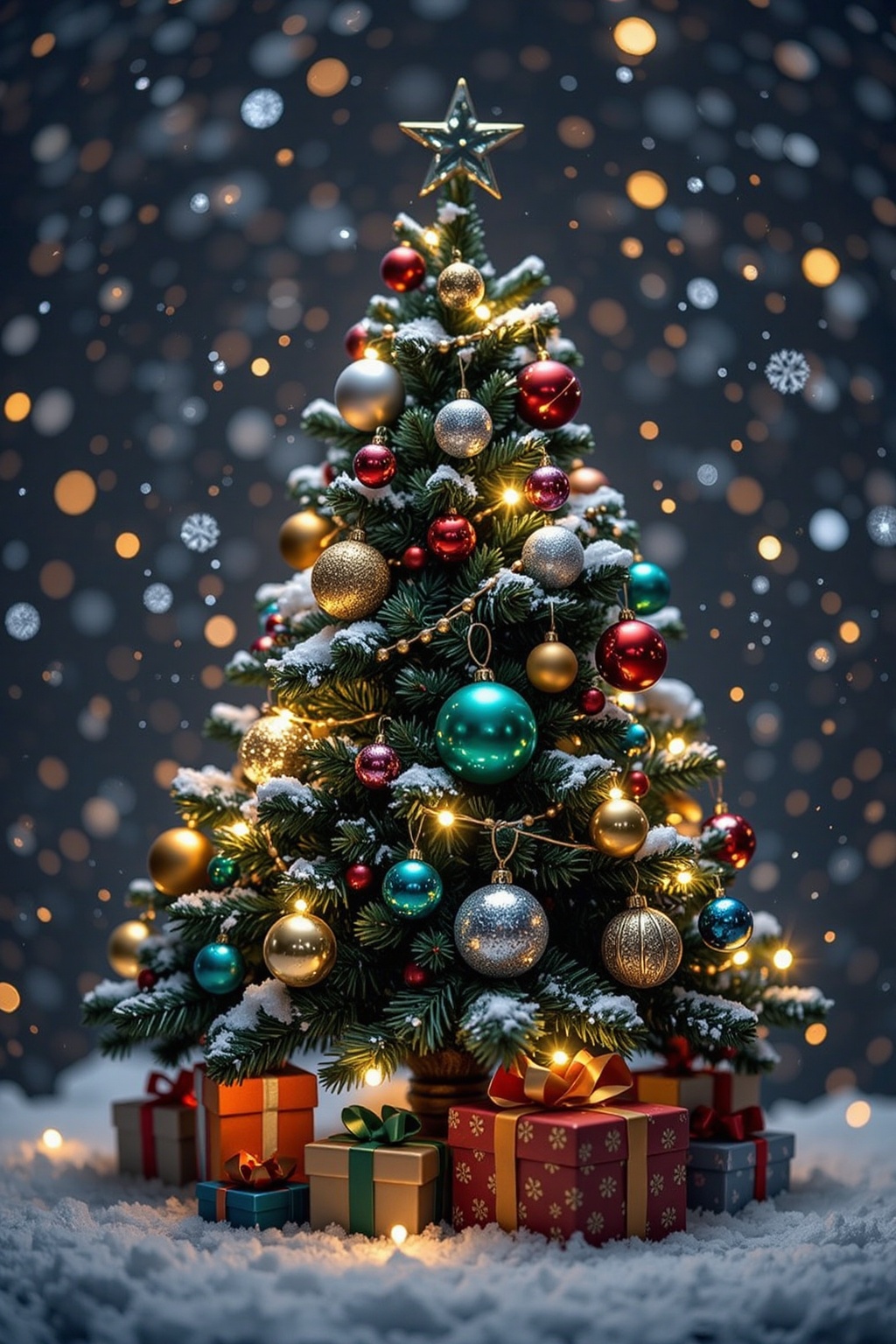 An extreme macro close-up of an anime Christmas scene rendered in cast bronze: a decorated tree in snow,  sparkling orname...