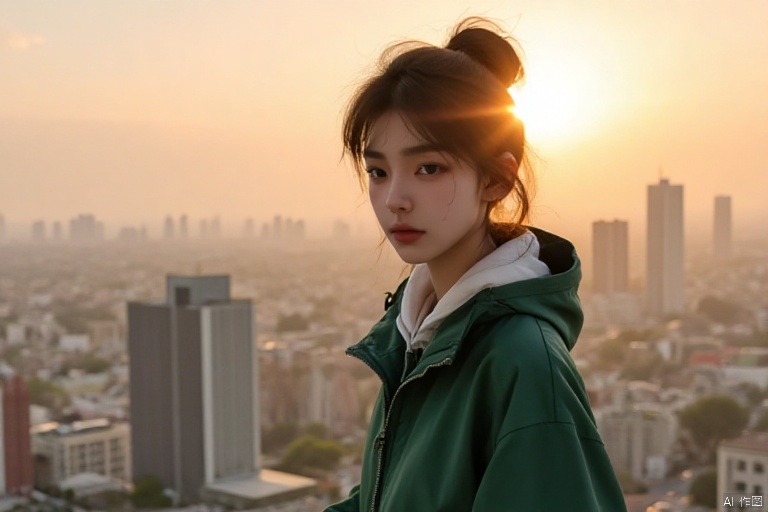 Photography, portrait, a slim Chinese women, short hair, standing on the top floor of a building, Green hardshell jacket, backlight shooting, wind,sunset, shot with 300mm lens and f/2.0 aperture,bust, oval face,low topknot,