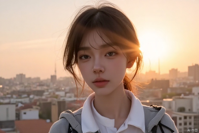 Photography, portrait, a slim Chinese women, short hair, standing on the top floor of a building,school uniform, backlight shooting, wind,sunset, shot with 300mm lens and f/2.0 aperture,bust, oval face,low topknot