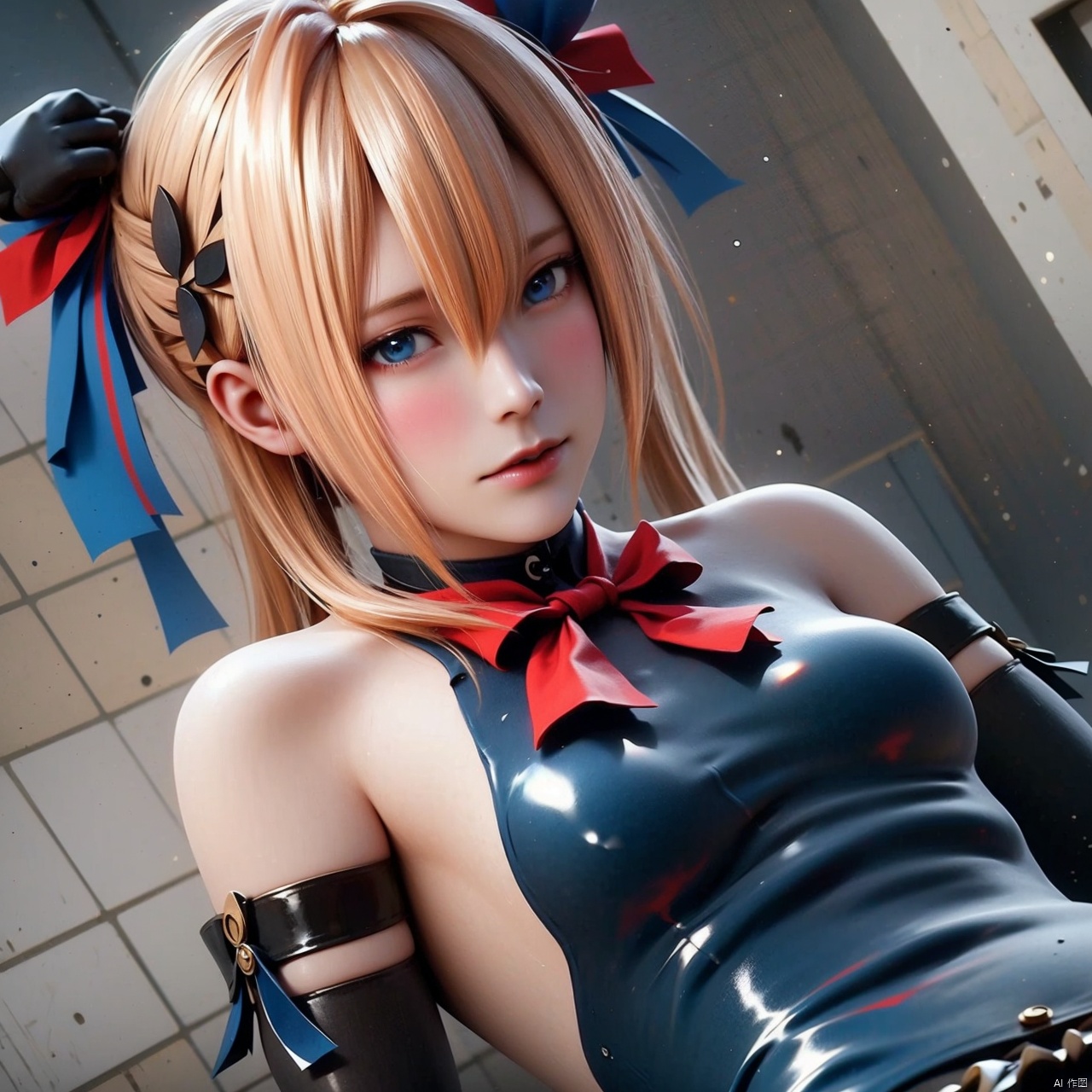 1girl solo long hair breasts blue eyes blonde hair hair ornament gloves ribbon bare shoulders twintails swimsuit hair ribbon small breasts frills detached sleeves elbow gloves one-piece swimsuit black ribbon x hair ornament realistic toilet frilled swimsuit marie rose