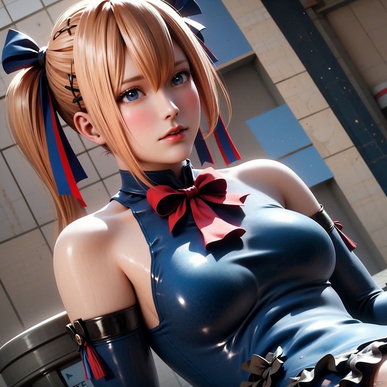 1girl solo long hair breasts blue eyes blonde hair hair ornament gloves ribbon bare shoulders twintails swimsuit hair ribbon small breasts frills detached sleeves elbow gloves one-piece swimsuit black ribbon x hair ornament realistic toilet frilled swimsuit marie rose