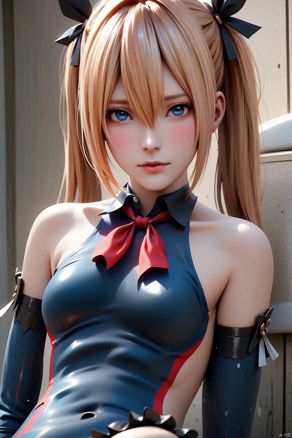 1girl solo long hair breasts blue eyes blonde hair hair ornament gloves ribbon bare shoulders twintails swimsuit hair ribbon small breasts frills detached sleeves elbow gloves one-piece swimsuit black ribbon x hair ornament realistic toilet frilled swimsuit marie rose