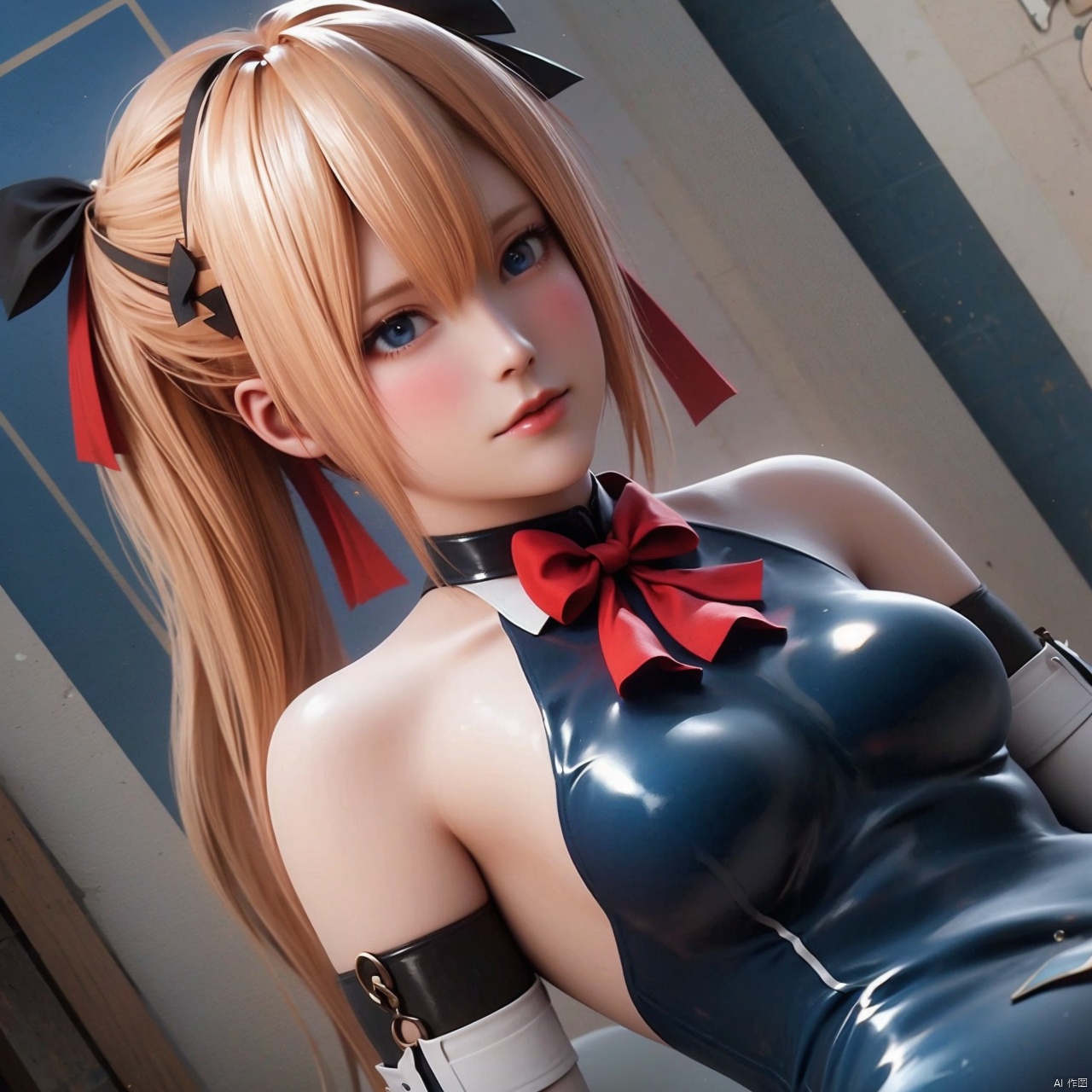 1girl solo long hair breasts blue eyes blonde hair hair ornament gloves ribbon bare shoulders twintails swimsuit hair ribbon small breasts frills detached sleeves elbow gloves one-piece swimsuit black ribbon x hair ornament realistic toilet frilled swimsuit marie rose