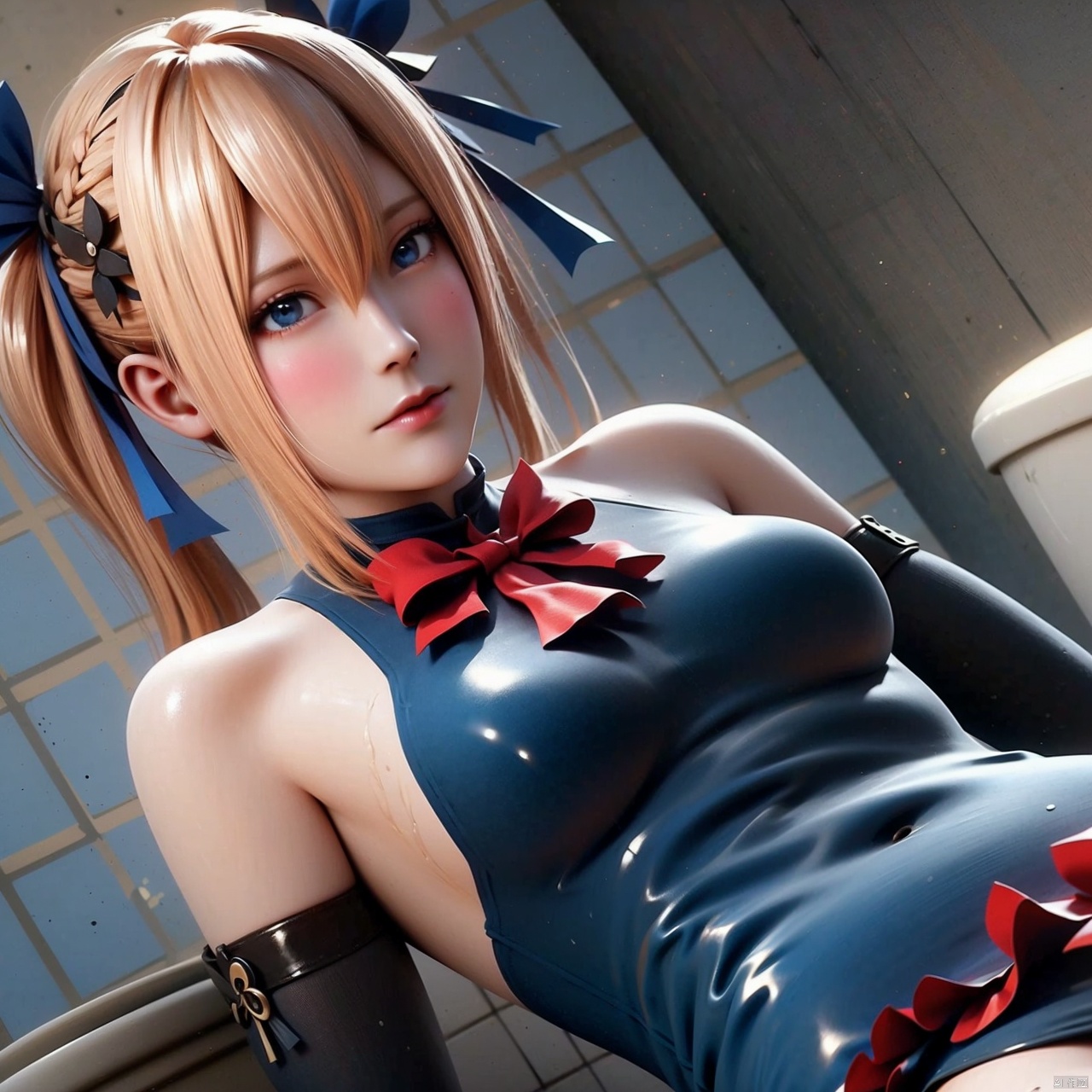 1girl solo long hair breasts blue eyes blonde hair hair ornament gloves ribbon bare shoulders twintails swimsuit hair ribbon small breasts frills detached sleeves elbow gloves one-piece swimsuit black ribbon x hair ornament realistic toilet frilled swimsuit marie rose