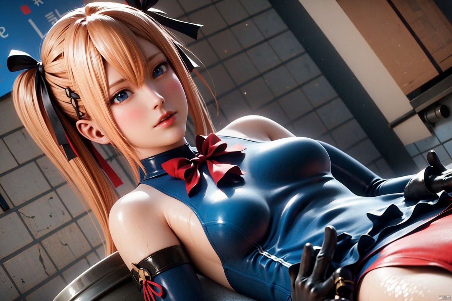 1girl solo long hair breasts blue eyes blonde hair hair ornament gloves ribbon bare shoulders twintails swimsuit hair ribbon small breasts frills detached sleeves elbow gloves one-piece swimsuit black ribbon x hair ornament realistic toilet frilled swimsuit marie rose