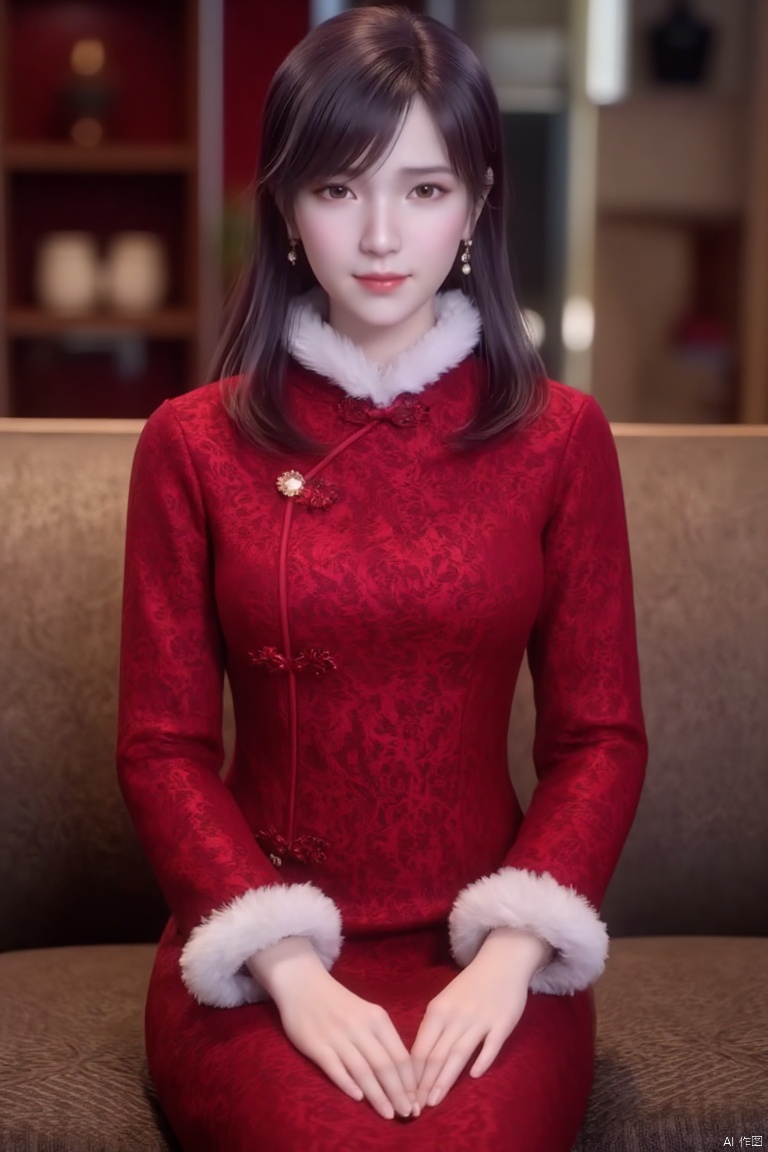 (masterpiece, best quality:1.4),finely detailed,1girl, solo, long hair, breasts, looking at viewer, black hair, lips, realistic,Chinese style long skirt R,long_sleeves,fur trim,Chinese clothes,sitting on the couch,floral print ,coat,XuXin