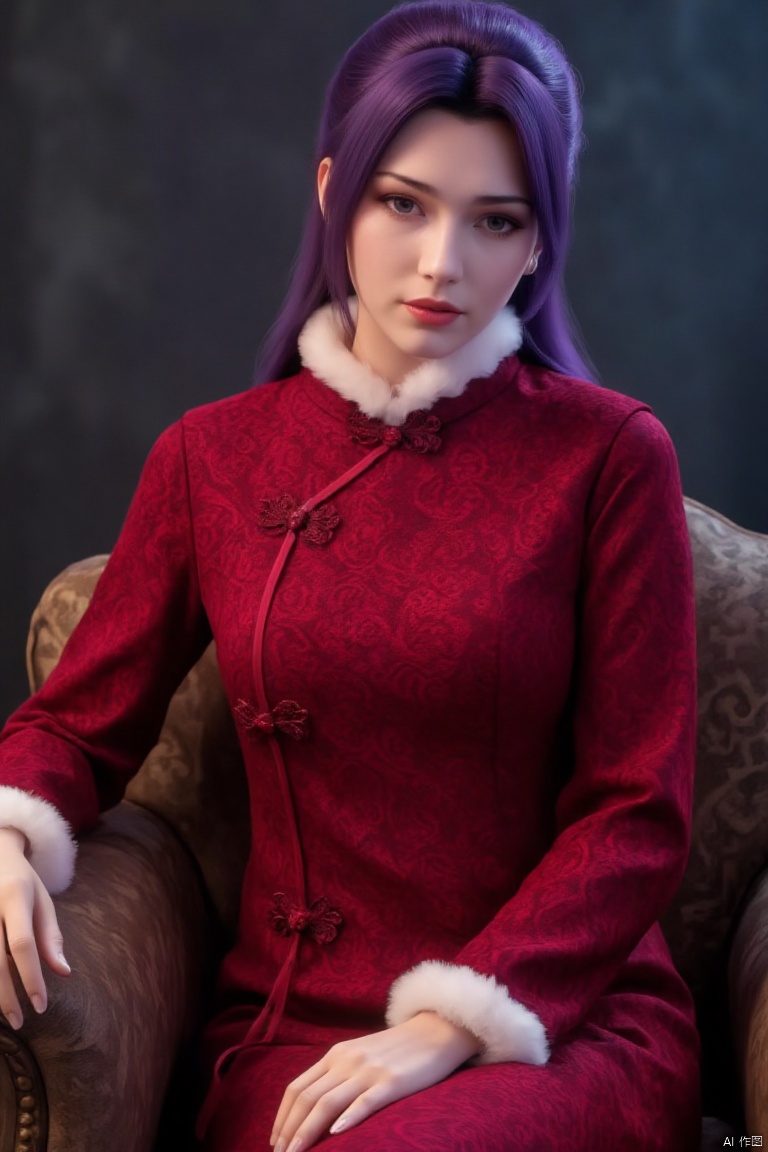 (masterpiece, best quality:1.4),finely detailed,1girl, solo, long hair, breasts, looking at viewer,jewelry,  purple hair, necklace, lips, realistic,,Chinese style long skirt R,long_sleeves,Chinese clothes,sitting on the couch,
