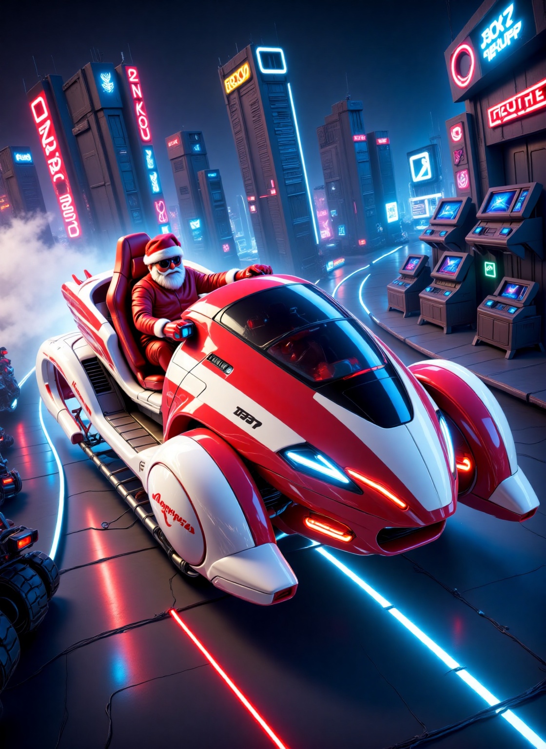 In a cinematic masterpiece,  a santa drive a sleek,  high-tech flying sled soars through the neon-lit night sky above a to...