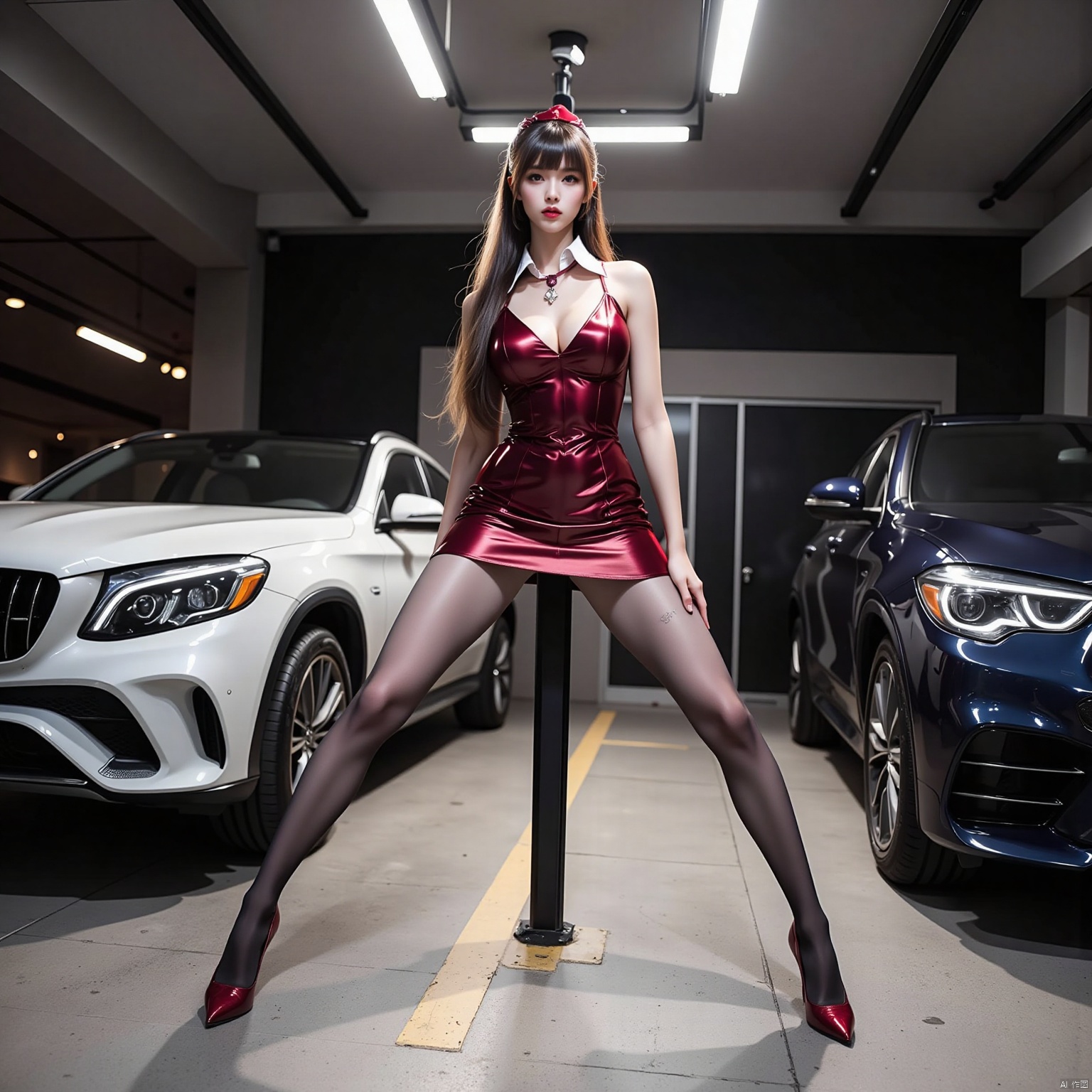 Realistic photo, 1girl, long hair, fair skin, big breasts, stewardess suit, short pencil skirt, (shiny pantyhose), long legs, red high heels, (do the full splits between on the two luxury cars), underground garage,