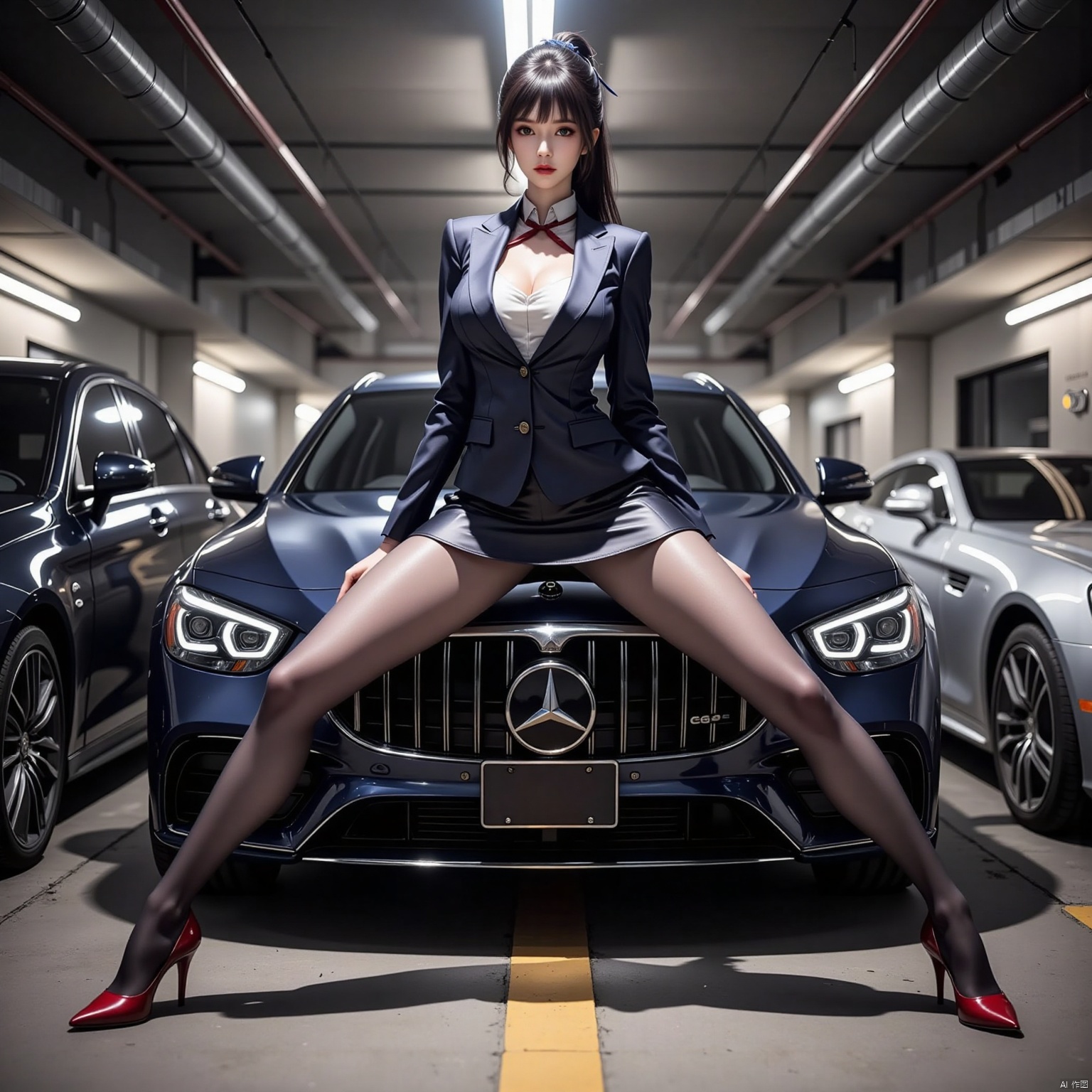 Realistic photo, 1girl, long hair, fair skin, big breasts, stewardess suit, short pencil skirt, (shiny pantyhose), long legs, red high heels, (do the full splits between on the two luxury cars), underground garage,