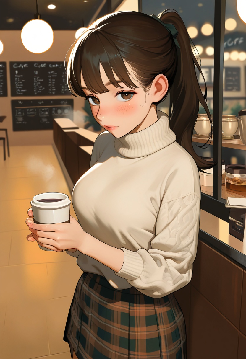 animjstyle,  1girl,  standing in a cafe on Tensor.Art