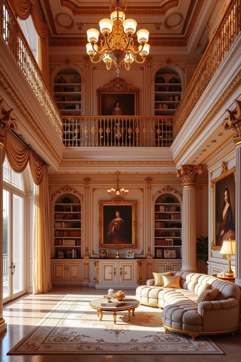 A warm and inviting mezzanine-style room bathed in soft,  golden light. Richly textured wooden beams and intricately carve...