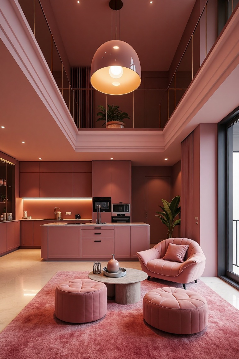 A warm and inviting mezzanine-themed room with a cozy atmosphere. The space is devoid of any human presence,  allowing the...