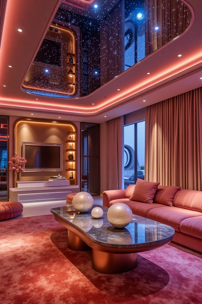 A warm and inviting galactic haven: a cozy room aglow with soft,  starry lights and a richly hued,  velvety carpet. A slee...