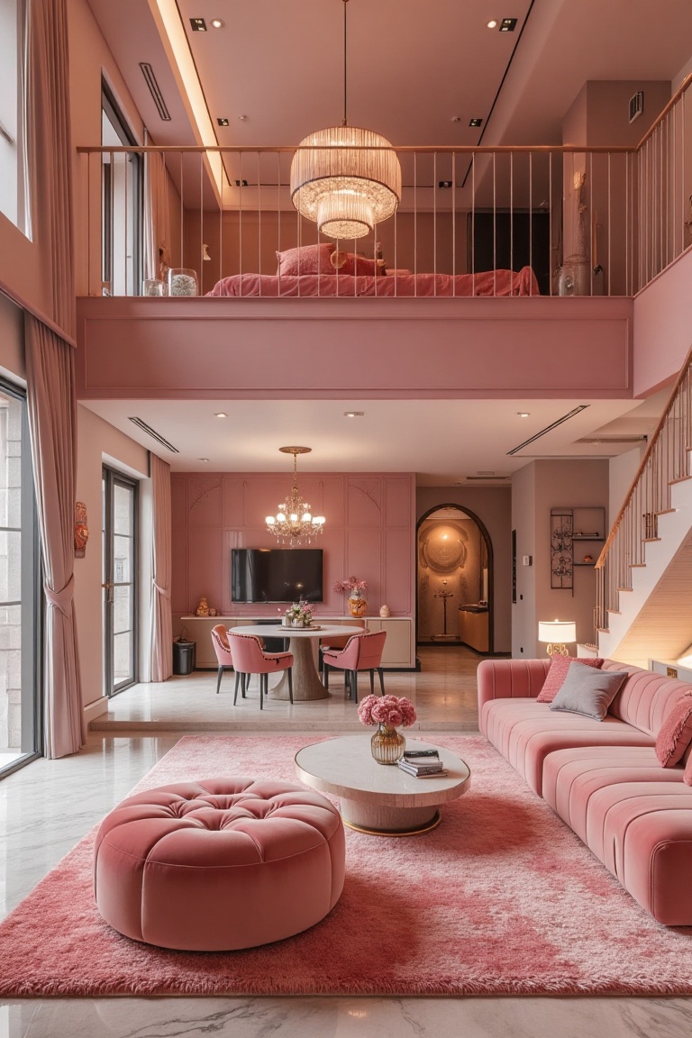 A warm and inviting mezzanine-themed room with a cozy atmosphere. The space is devoid of any human presence,  allowing the...