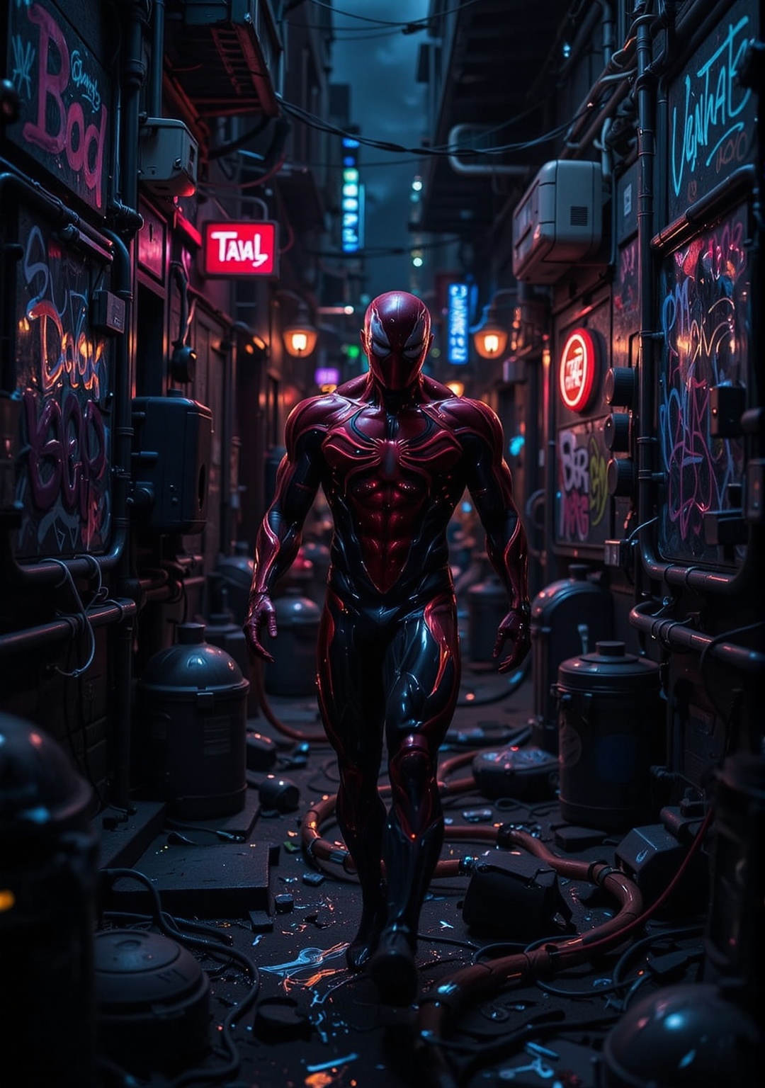Venom,  Marvel's iconic anti-hero,  posed mid-stride in a dimly lit alleyway. Neon graffiti adorns the walls as he gazes i...