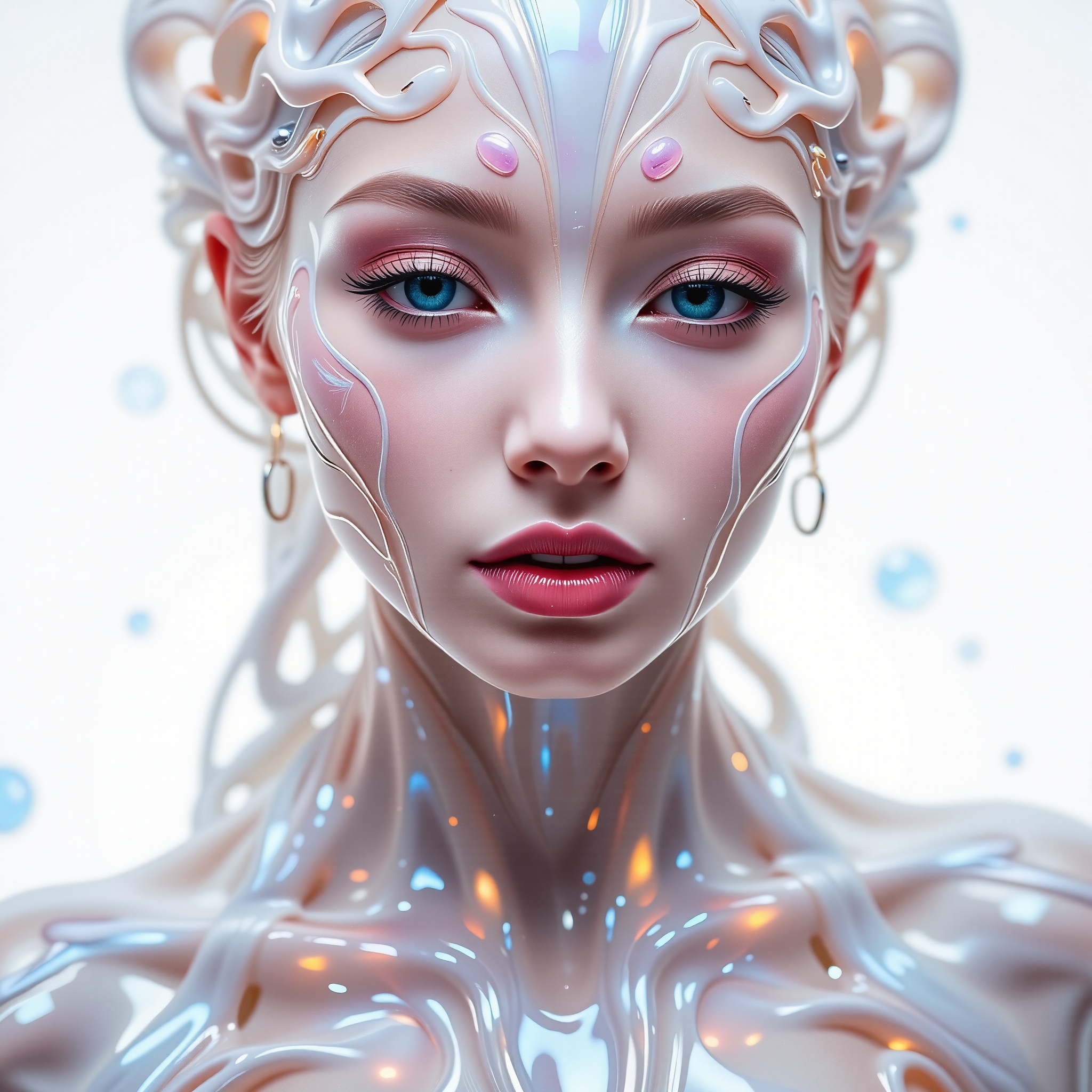 A hyper-realistic close-up of a breathtaking woman with glowing blue eyes and softly shimmering lips,  her entire body env...