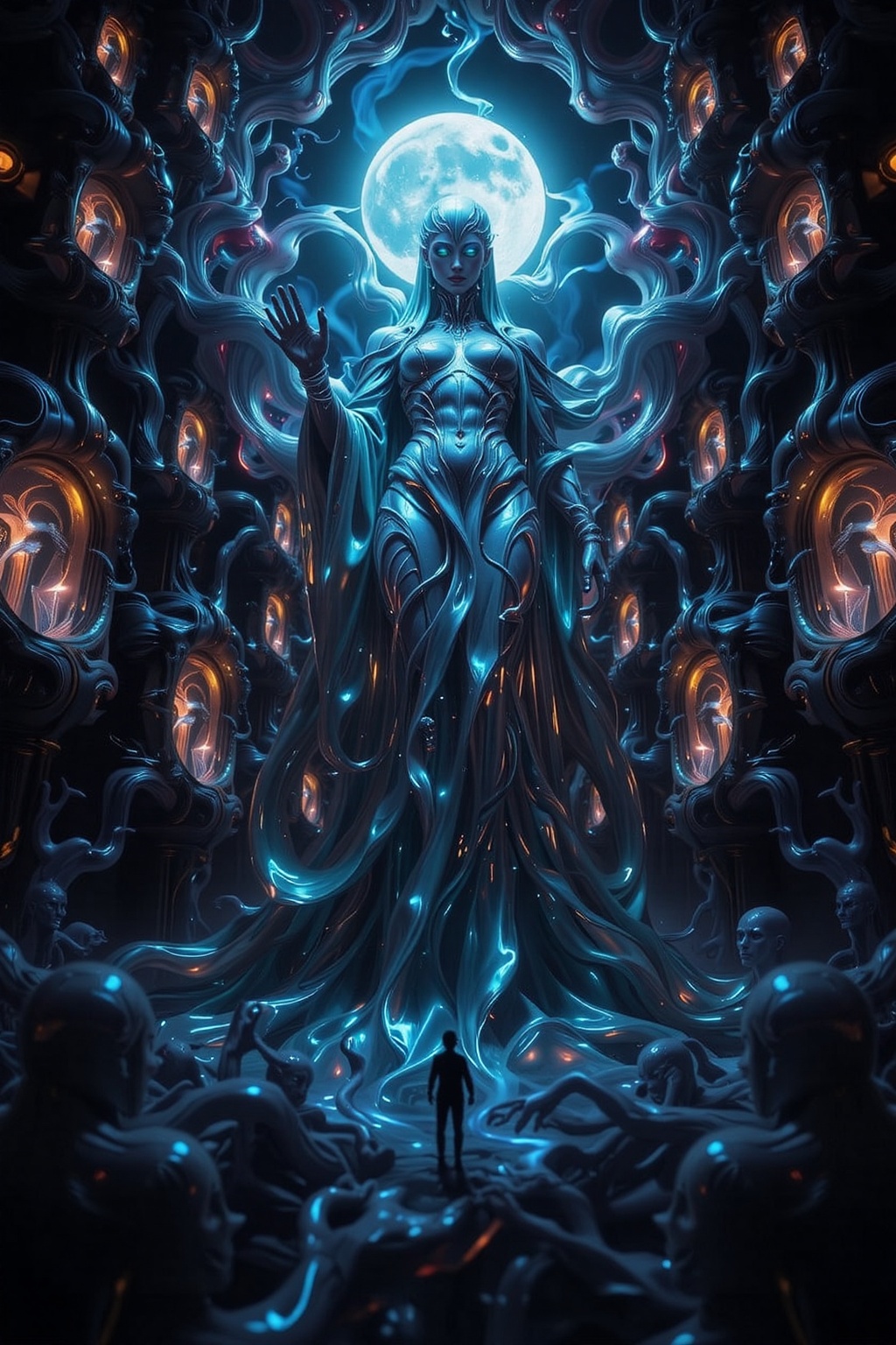 A breathtaking 16K cinematic scene featuring a towering spectral figure bathed in moonlight,  framed by a symmetrical arra...