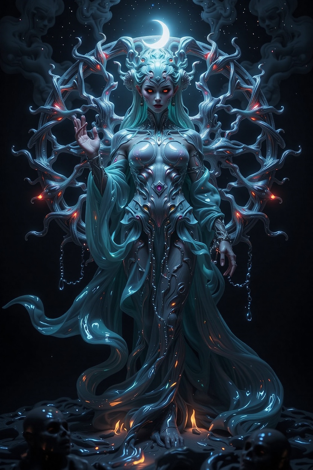 A hyper-detailed,  symmetrical 16K depiction of an ethereal figure illuminated by the pale glow of a crescent moon. The fi...