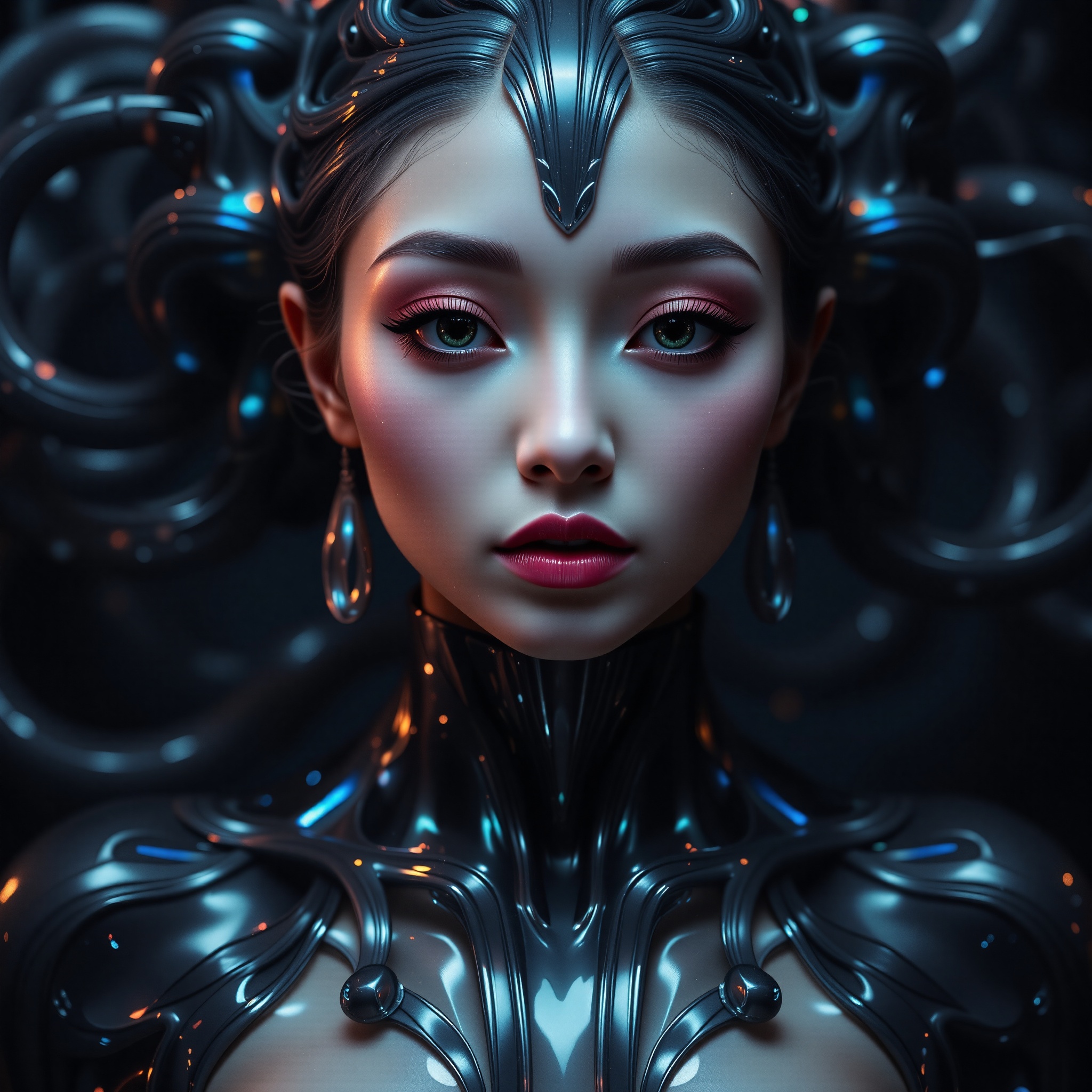A cinematic close-up of a stunning woman’s face,  her serene expression framed by glossy,  black tentacles that coil gentl...