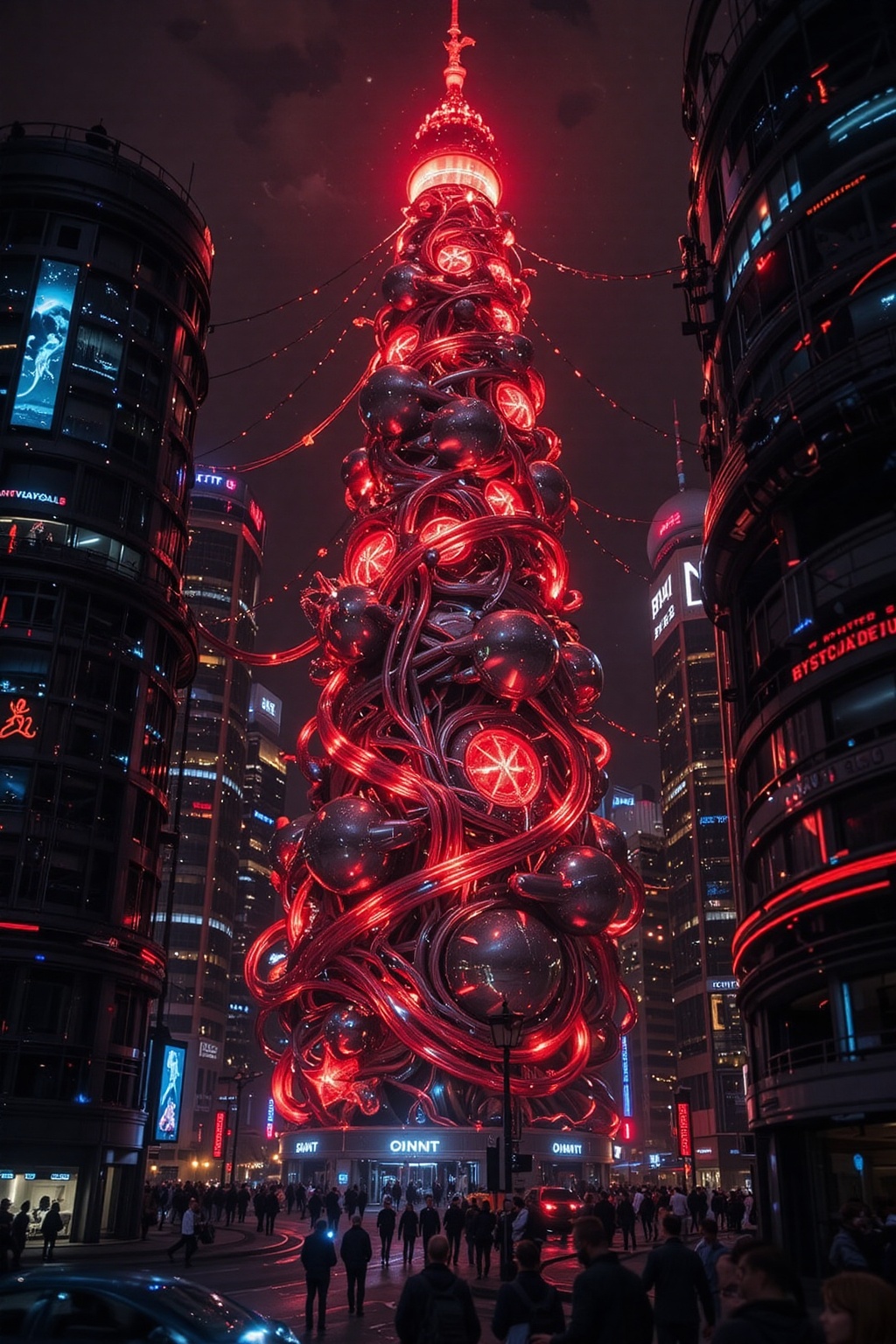 FuturEvoLab_Red,  A massive high-tech Christmas tree glowing in red,  towering over a futuristic city center like a launch...