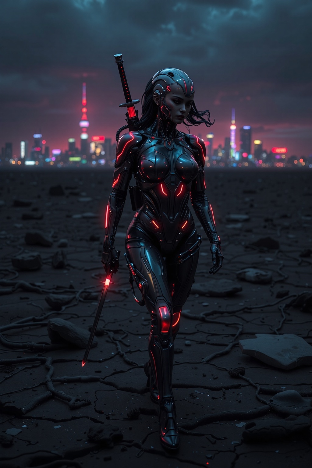 A hyper-realistic depiction of a female cyberpunk robot samurai walking through a desolate wasteland. Her katana is strapp...