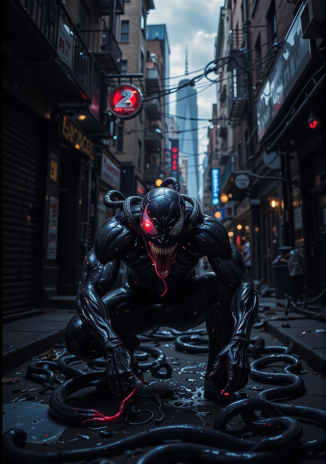 Venomous tendrils snake around Eddie Brock's body as he transforms into the deadly anti-hero Venom,  his eyes glowing with...