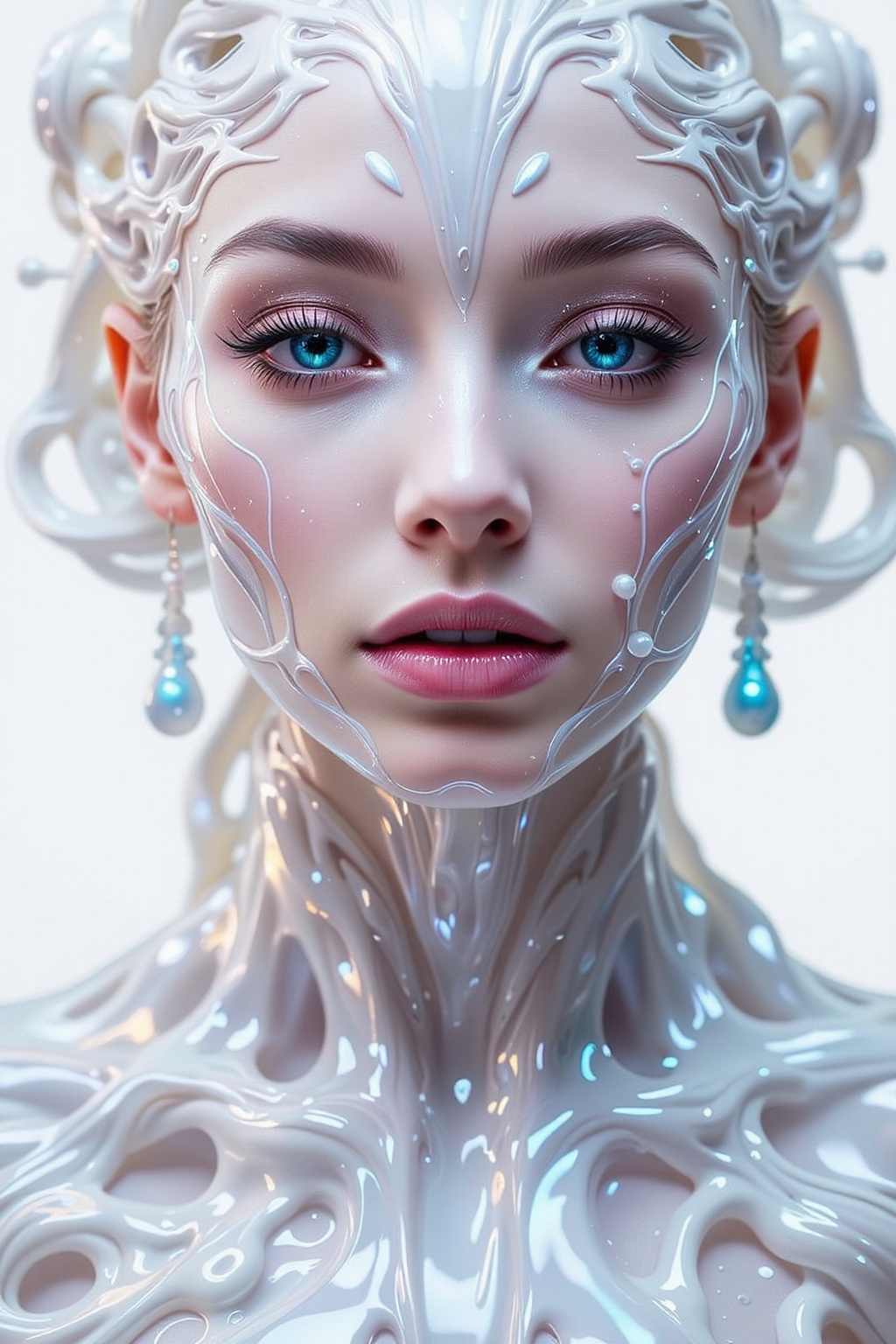 A hyper-realistic close-up of a breathtaking woman with glowing blue eyes and softly shimmering lips,  her entire body env...