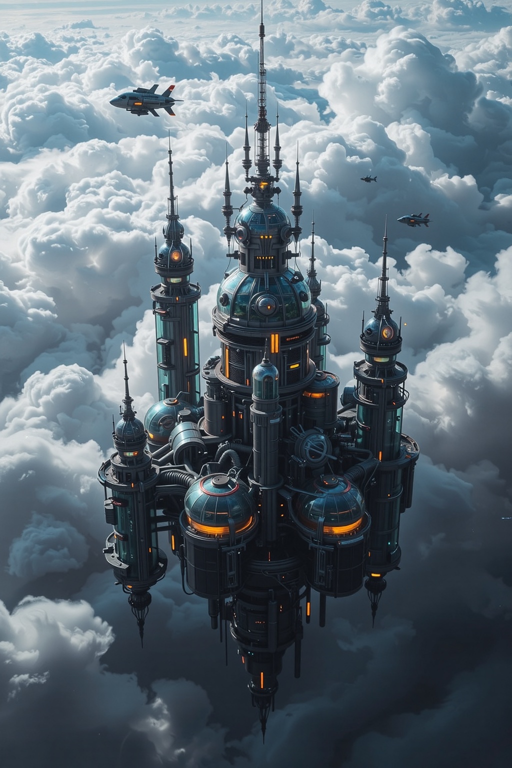 A stunning futuristic solarpunk city floating in the clouds. Glass towers with spires floating in the sky. greenhouses,  r...