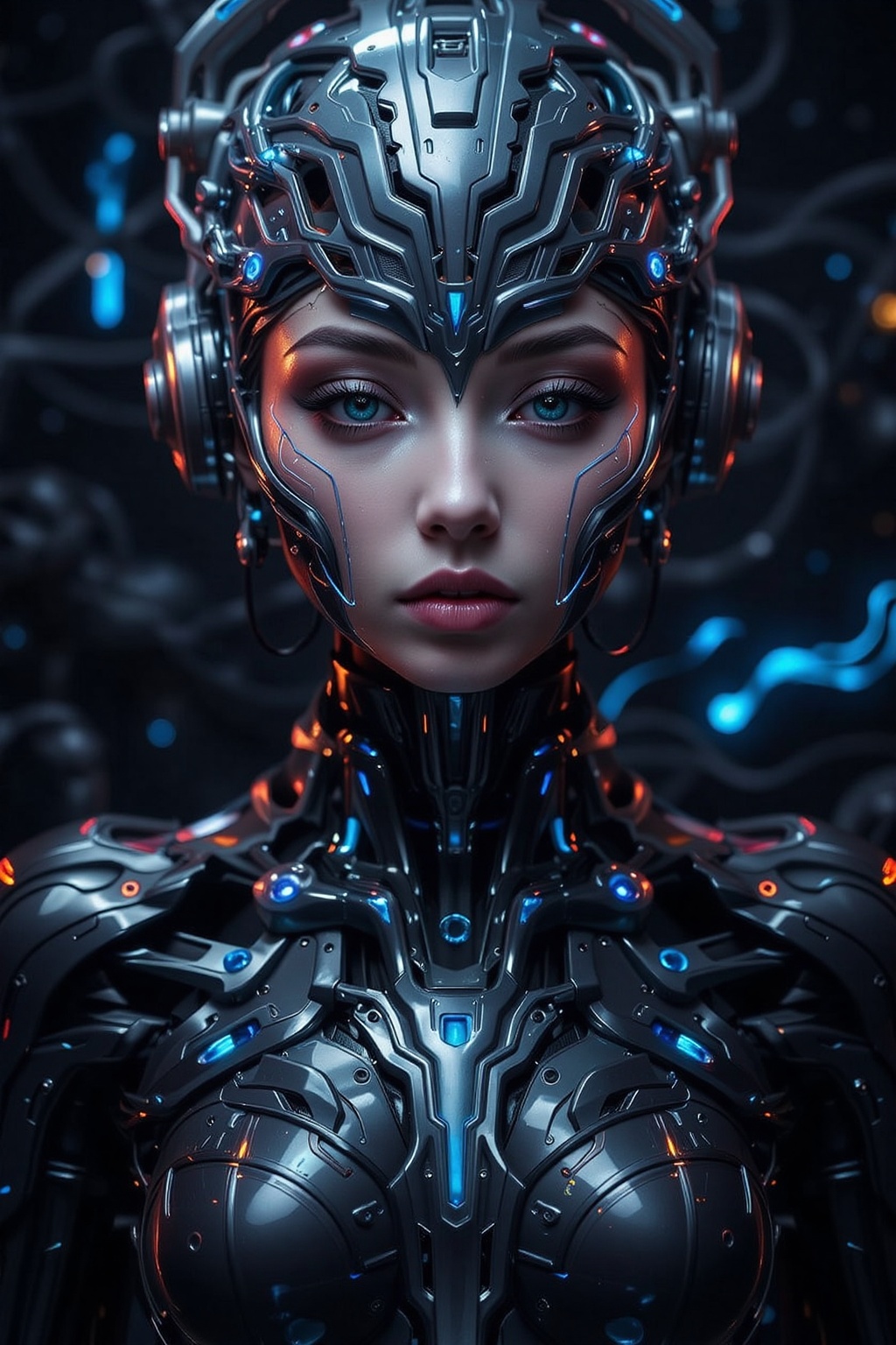 A cinematic close-up of a Japanese woman in a futuristic mech suit,  her face framed by a highly intricate and polished he...