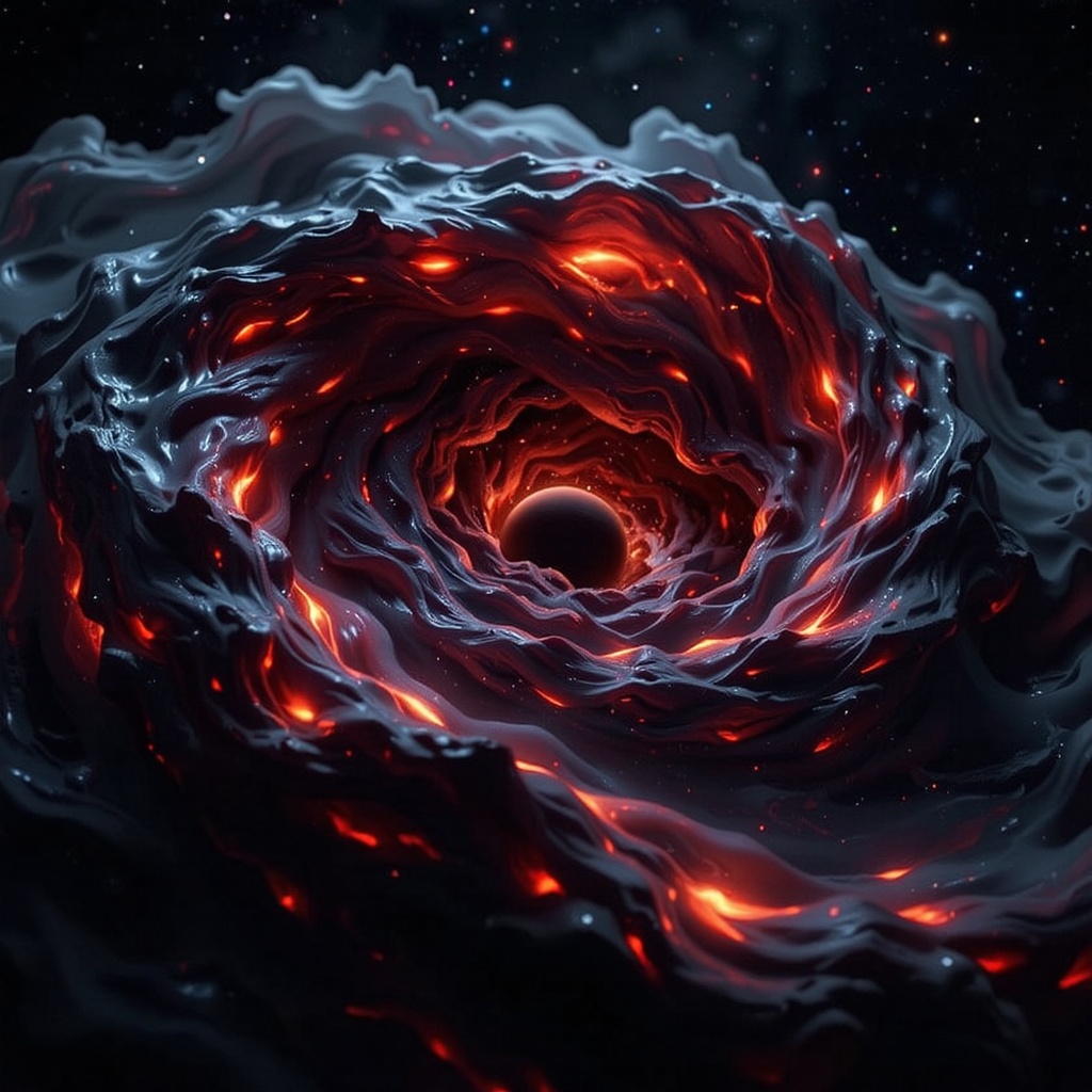 FuturEvoLab_Red,  A breathtaking cosmic scene featuring a massive swirling galactic vortex in space. The vortex is surroun...