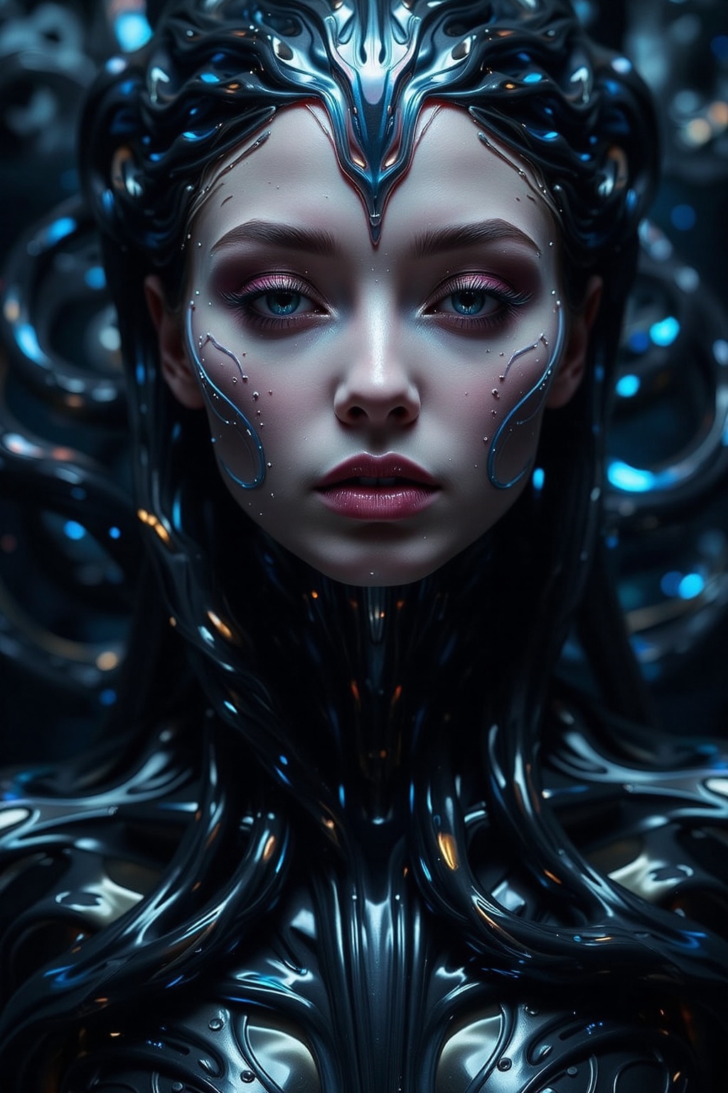 A cinematic close-up of a stunning woman’s face,  her serene expression framed by glossy,  black tentacles that coil gentl...
