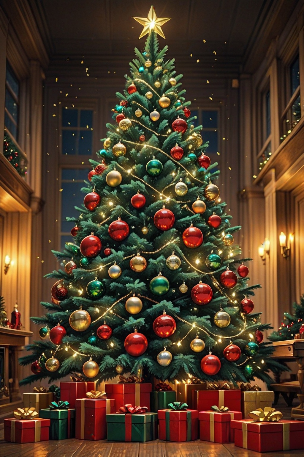 A festive New Year's Eve background in rich deep teal,  featuring chiaroscuro lighting. A shimmering Christmas tree with t...