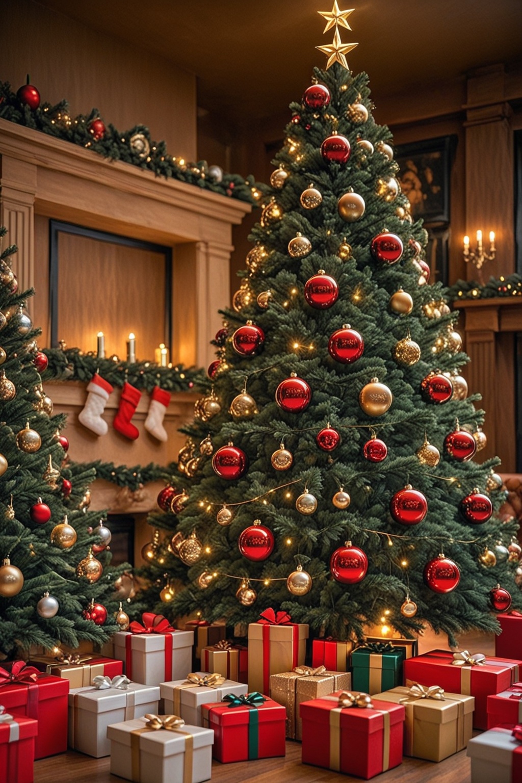A festive New Year's Eve background in rich deep teal,  featuring chiaroscuro lighting. A shimmering Christmas tree with t...