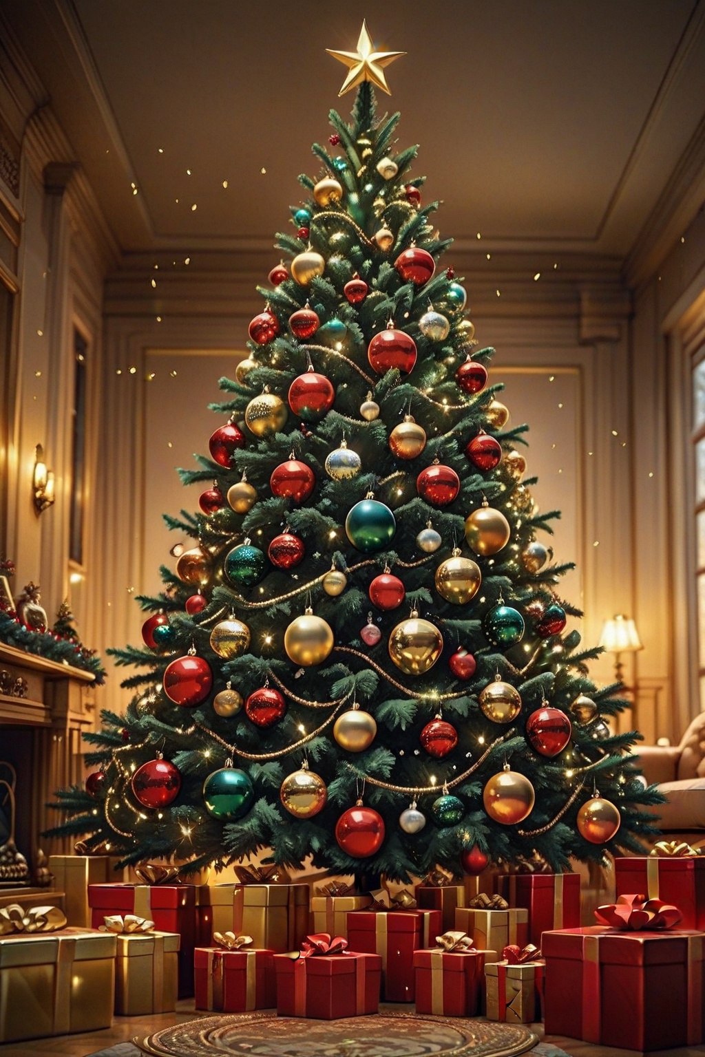 New Year's Eve background: luxurious red and gold theme,  shimmering Christmas tree,  sparkling ornaments on Tensor.Art