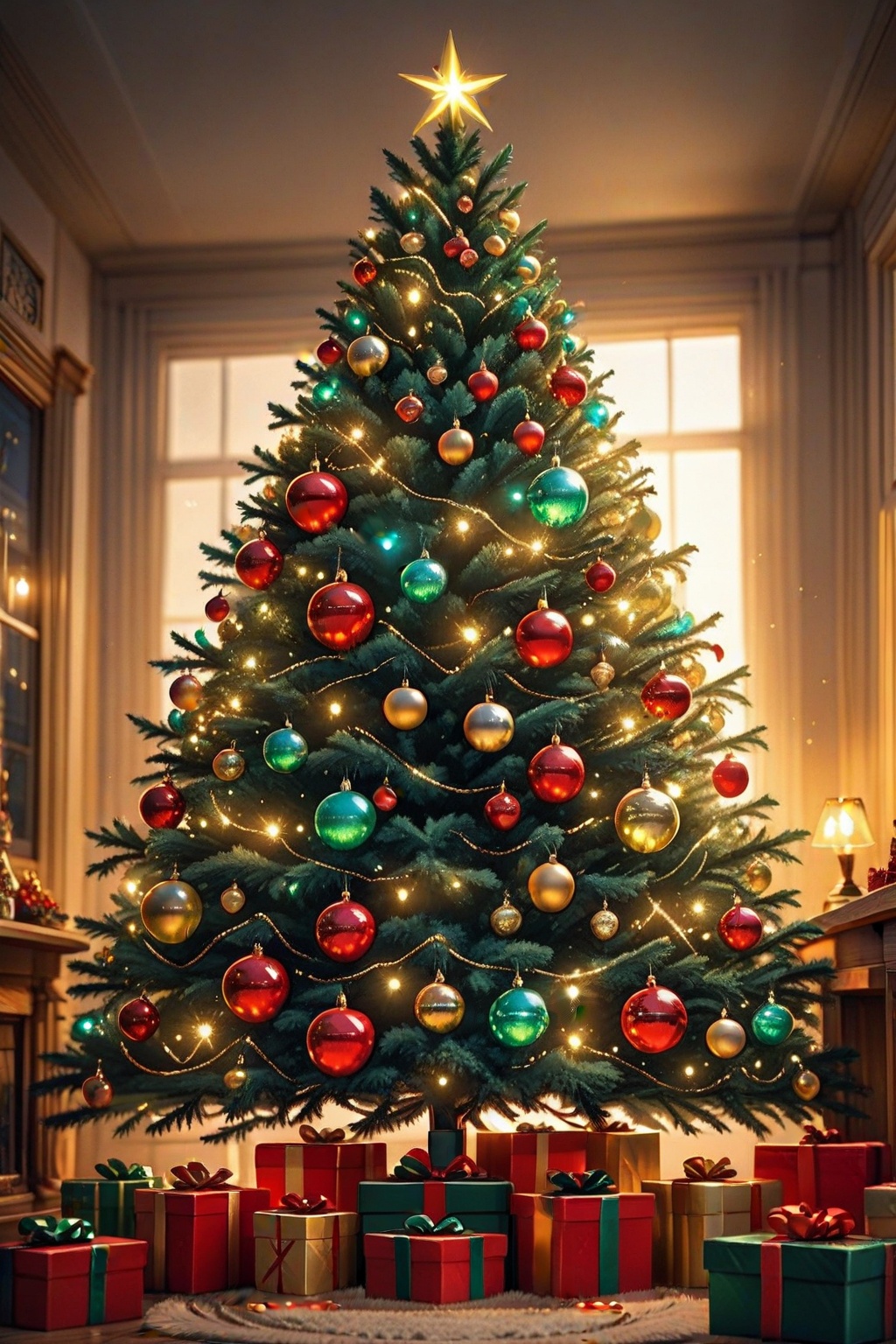 A festive New Year's Eve background showcasing glowing bioluminescent colors. A shimmering Christmas tree of glowing parti...