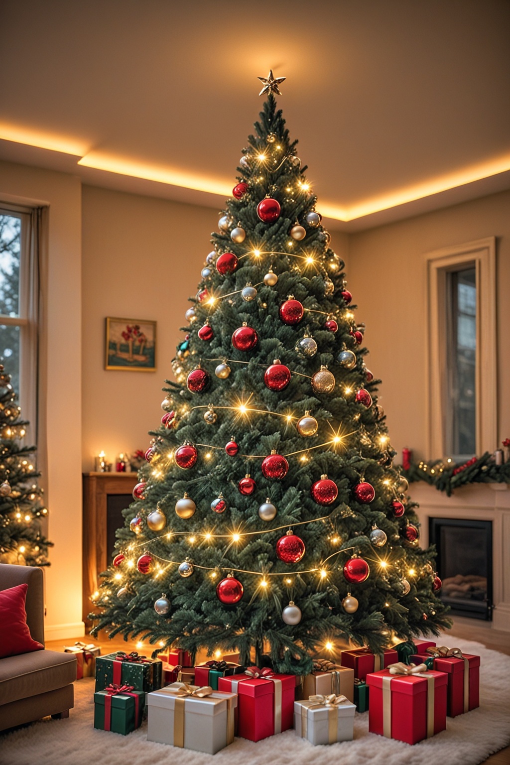 A festive New Year's Eve background showcasing glowing bioluminescent colors. A shimmering Christmas tree of glowing parti...